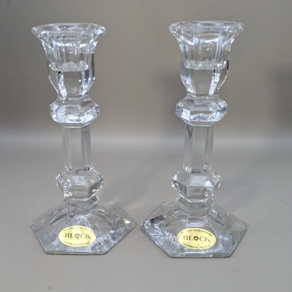 Vintage Block 24% Lead Crystal Candlesticks Pair 7